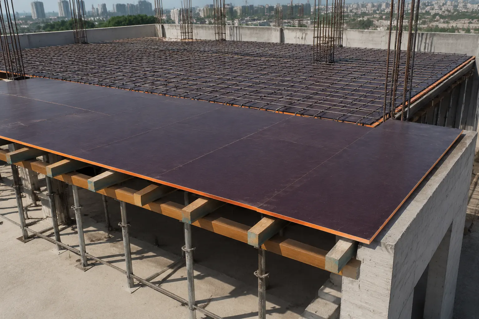 Slab formwork deck of dark film-faced plywood panels on beams and props with rebar laid on top