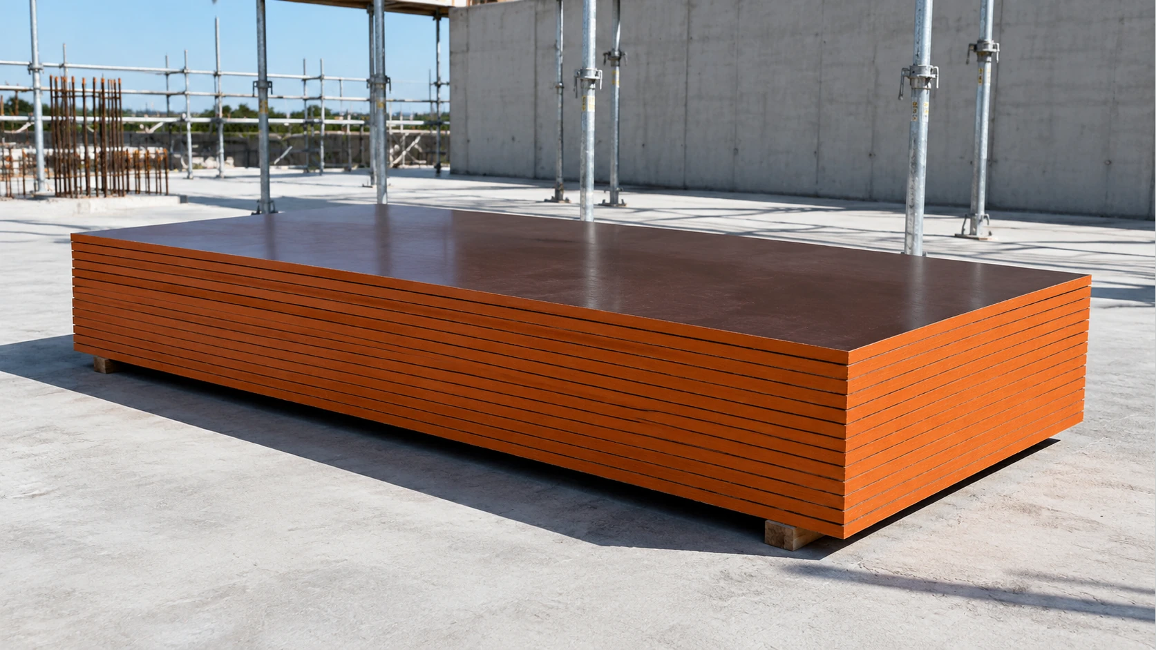 Stack of film-faced plywood panels with dark brown film faces and amber-painted edges on a concrete slab, steel props behind