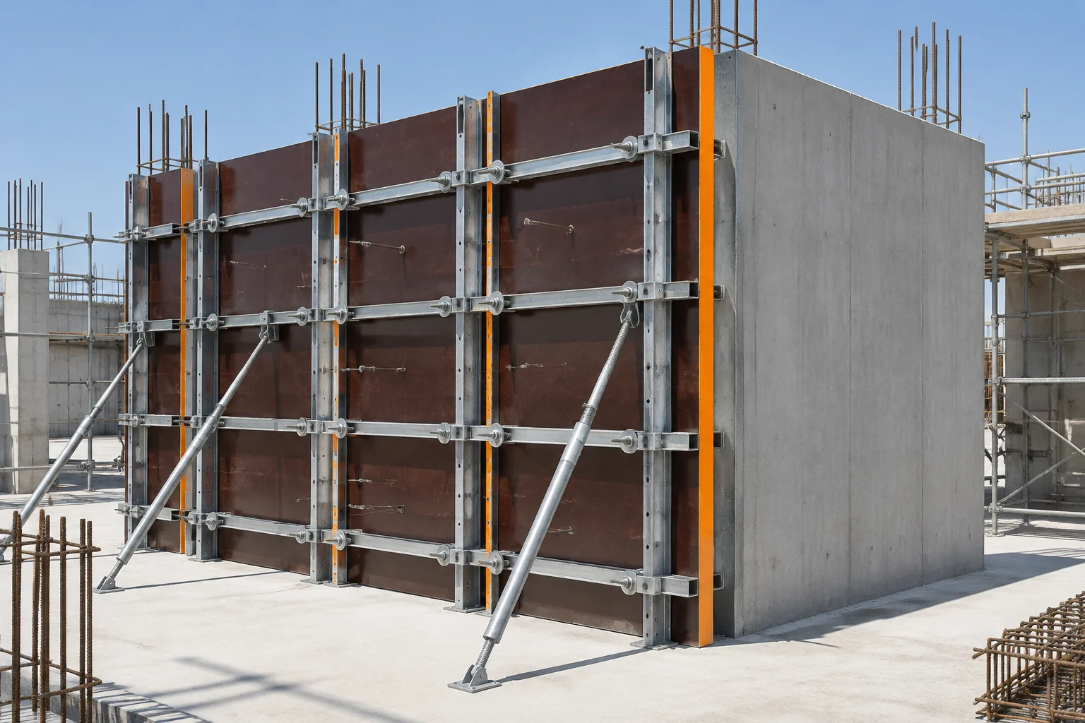 Wall formwork of dark film-faced plywood panels in galvanised steel frames next to a smooth finished concrete wall